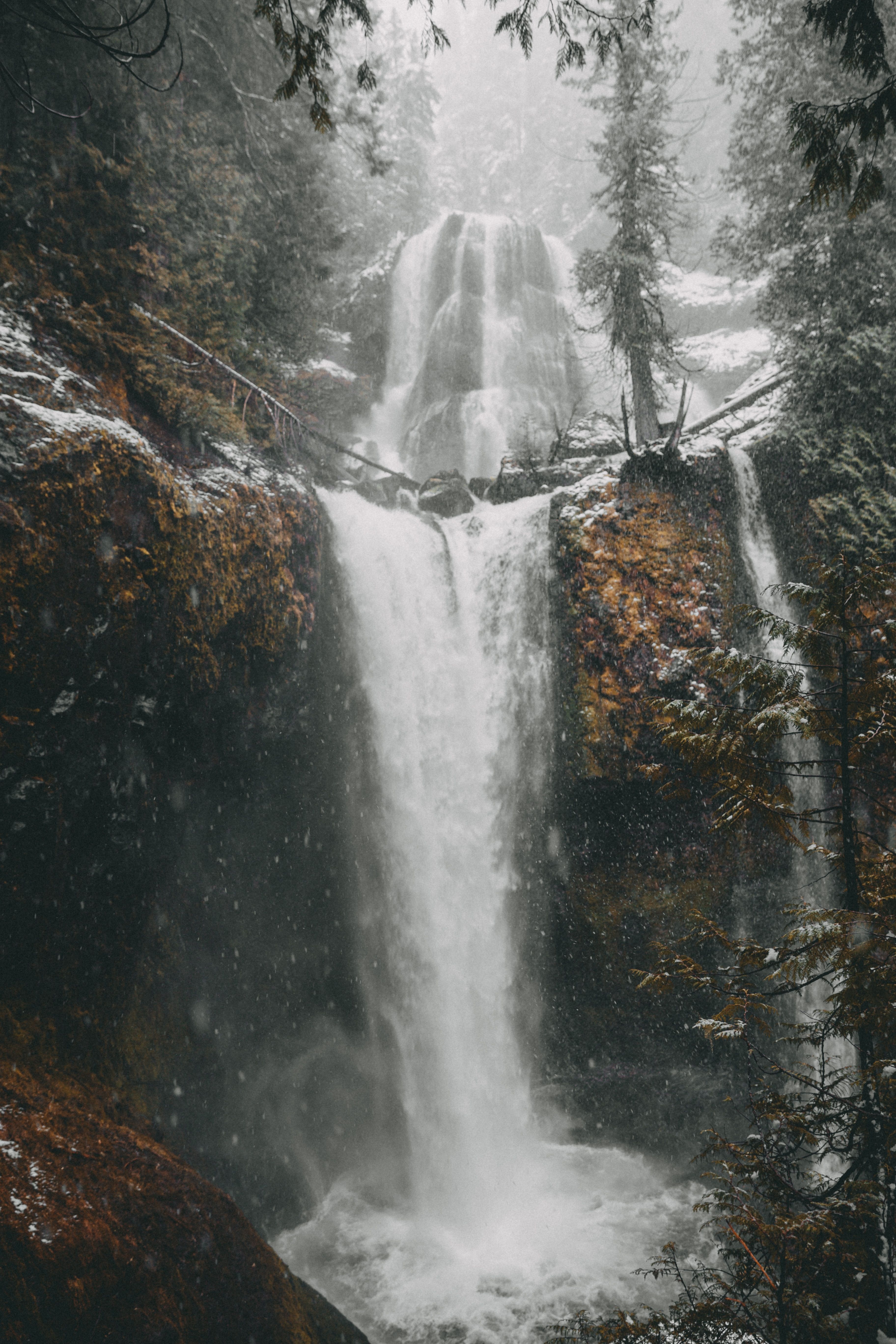 A waterfall surrounded by snow and trees. - Waterfall