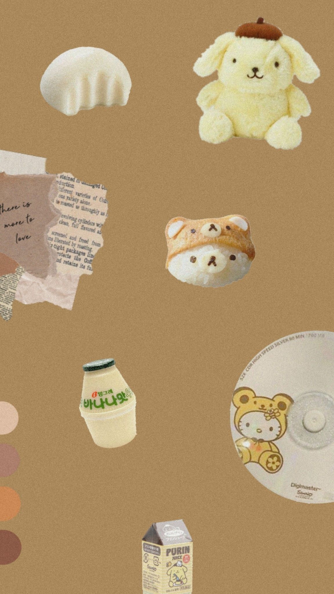Brown aesthetic background with various cute things like a teddy bear, milk, and bread - Sanrio