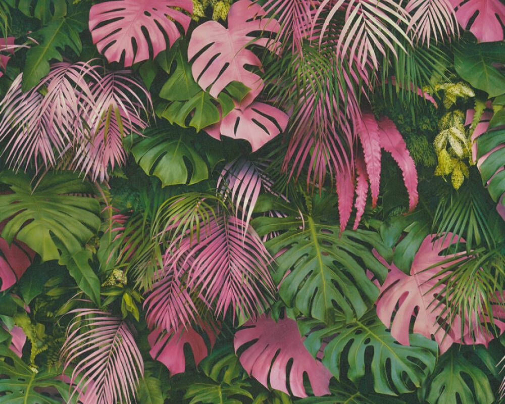 A wallpaper with pink and green leaves - Jungle
