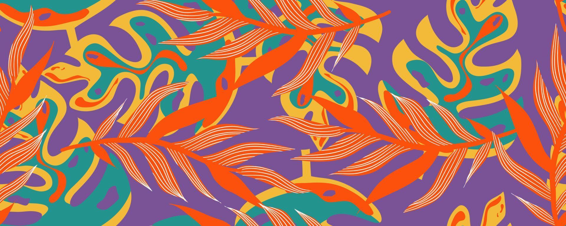 A purple background with orange, green and blue leaves and branches on it - Jungle