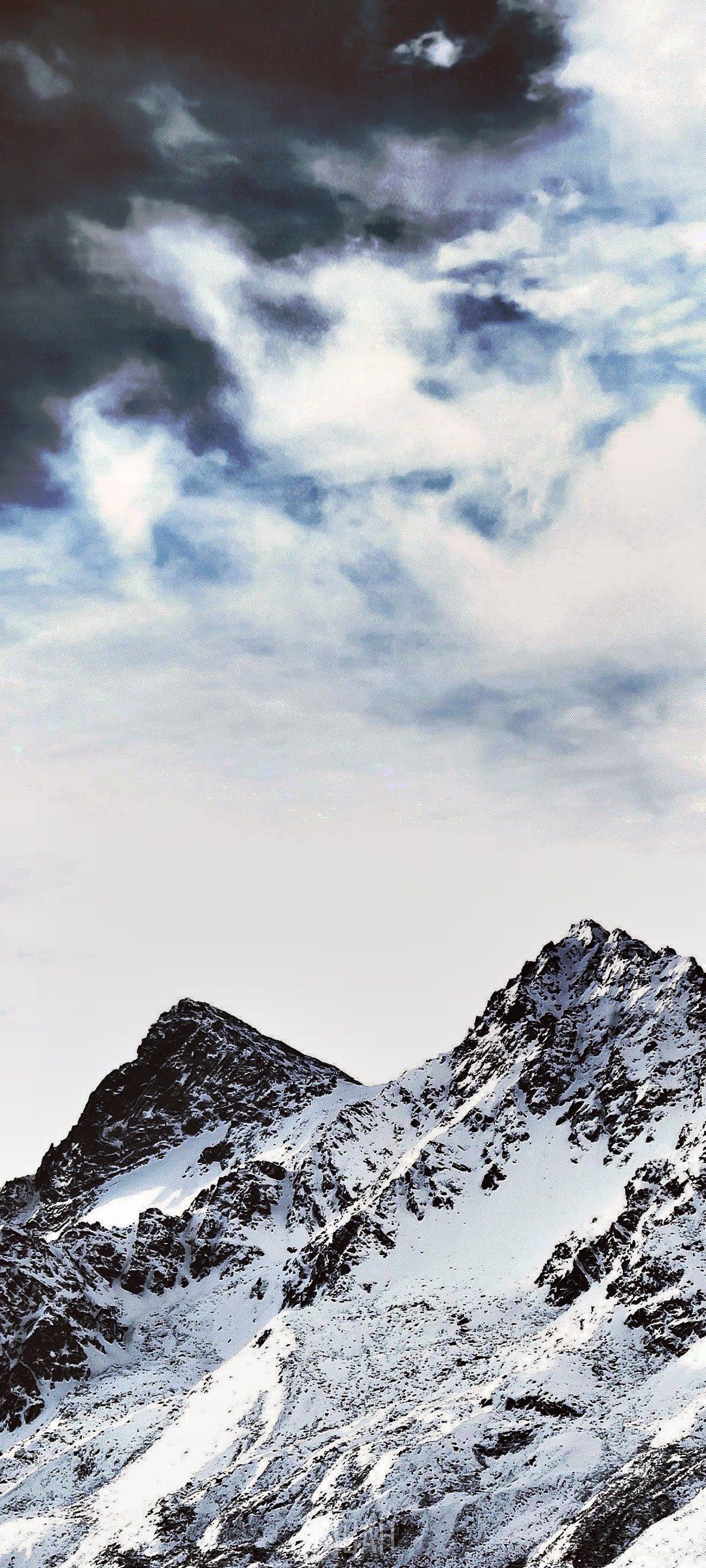a mountain peak in the snow with a dramatic cloudy sky, snow capped mountain in the sky, OnePlus 7T wallpaper free download, 1080x2400 Gallery HD Wallpaper