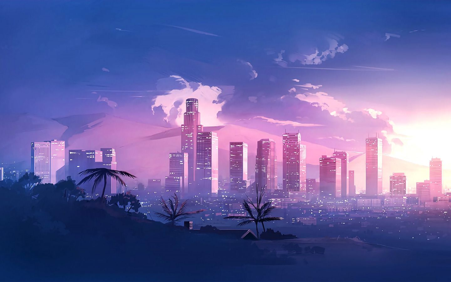 Download wallpaper Music, The city, Style, Landscape, 80s, Style, Neon, Illustration, 80's, Synth, Retrowave, Synthwave, New Retro Wave, section art in resolution 1440x900