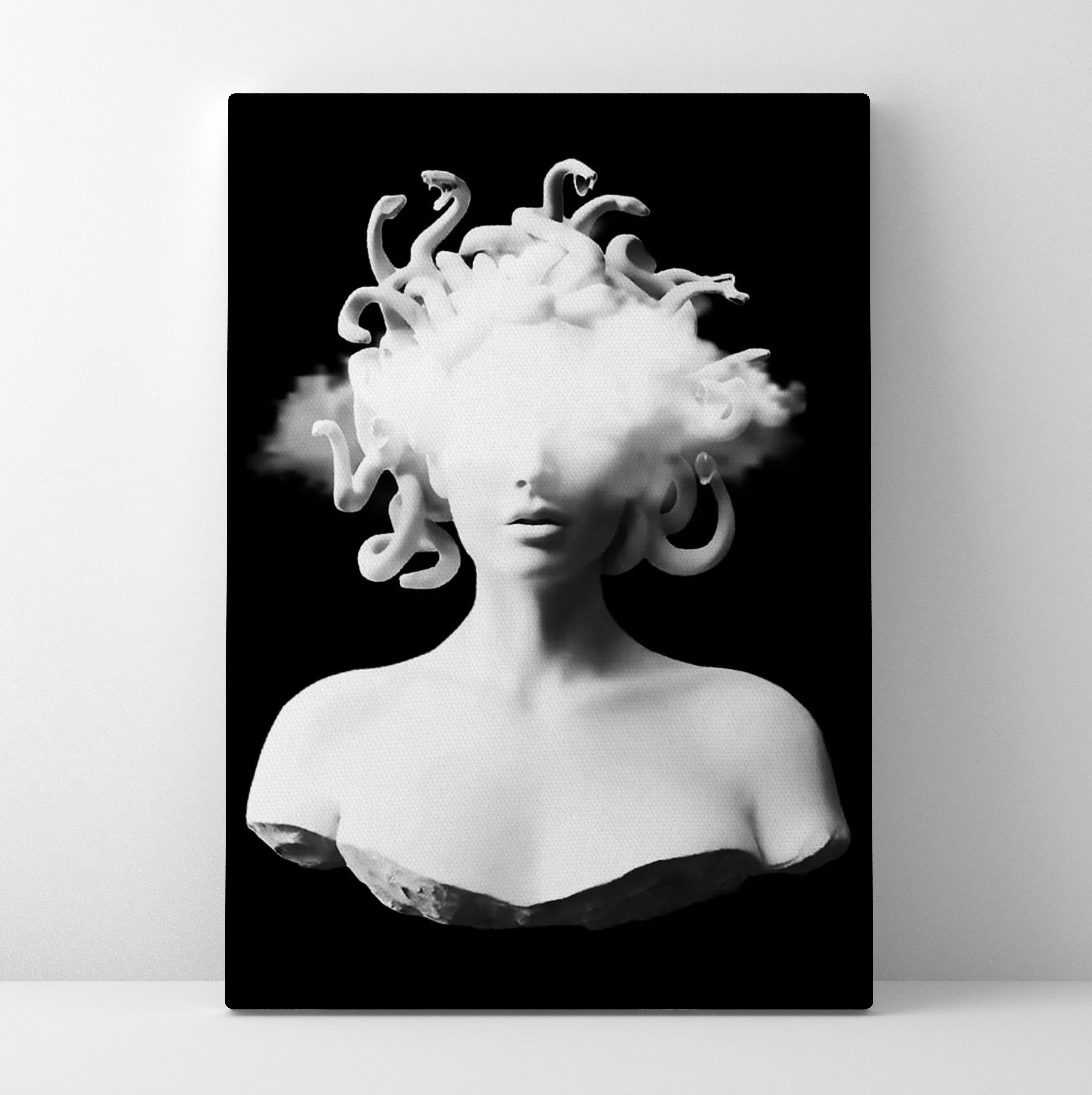 A black and white photo of an artwork with smoke coming out - Medusa
