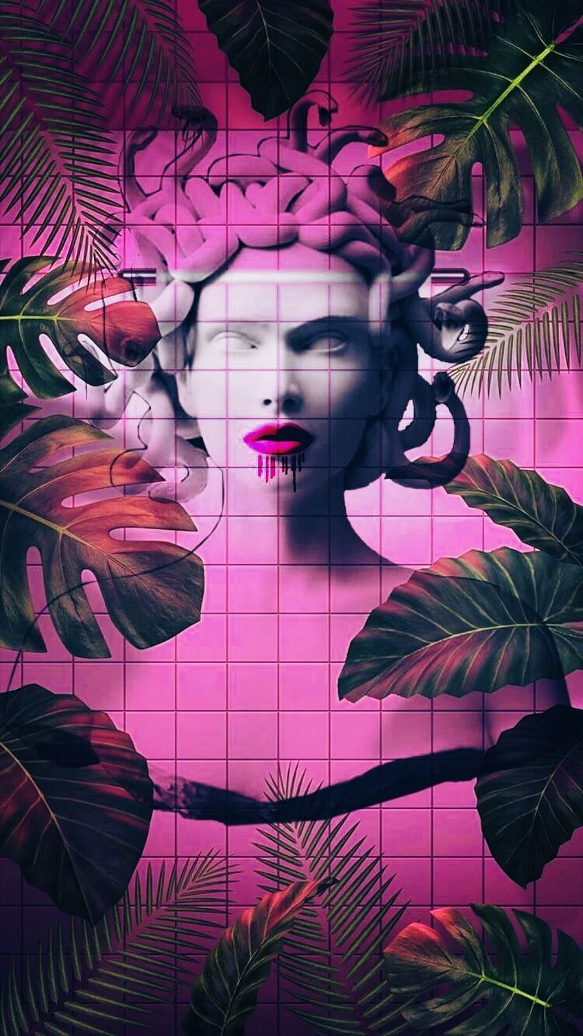 Aesthetic background of a woman's face surrounded by pink and green leaves - Medusa