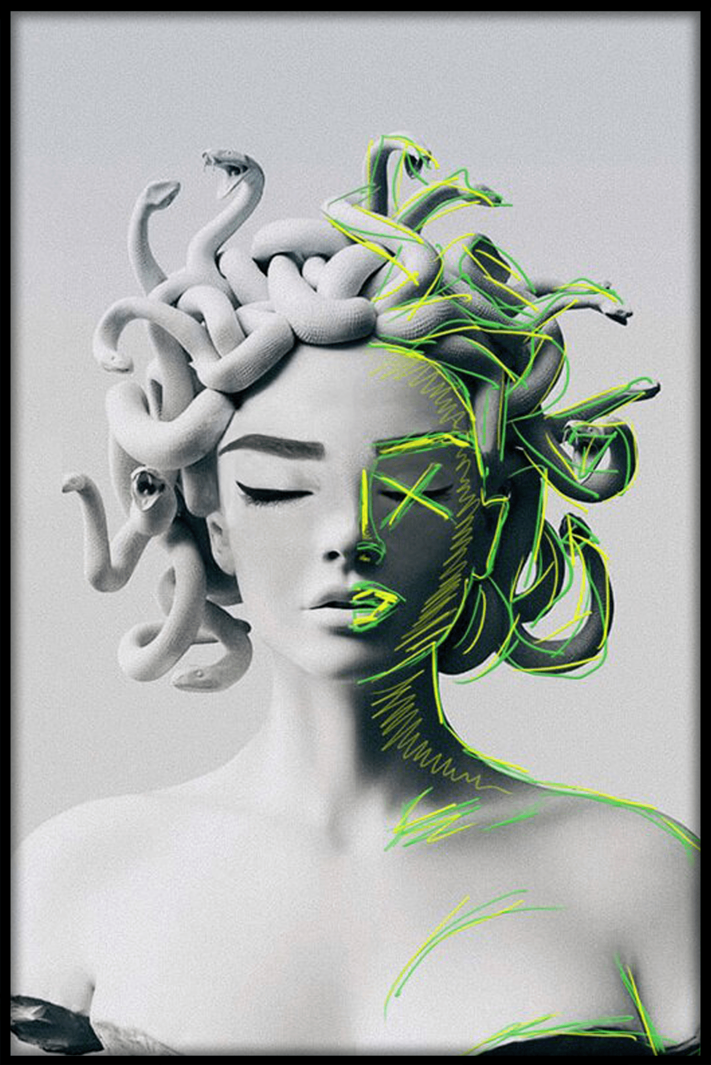 A woman with snakes in her hair in a grey and green illustration print - Medusa