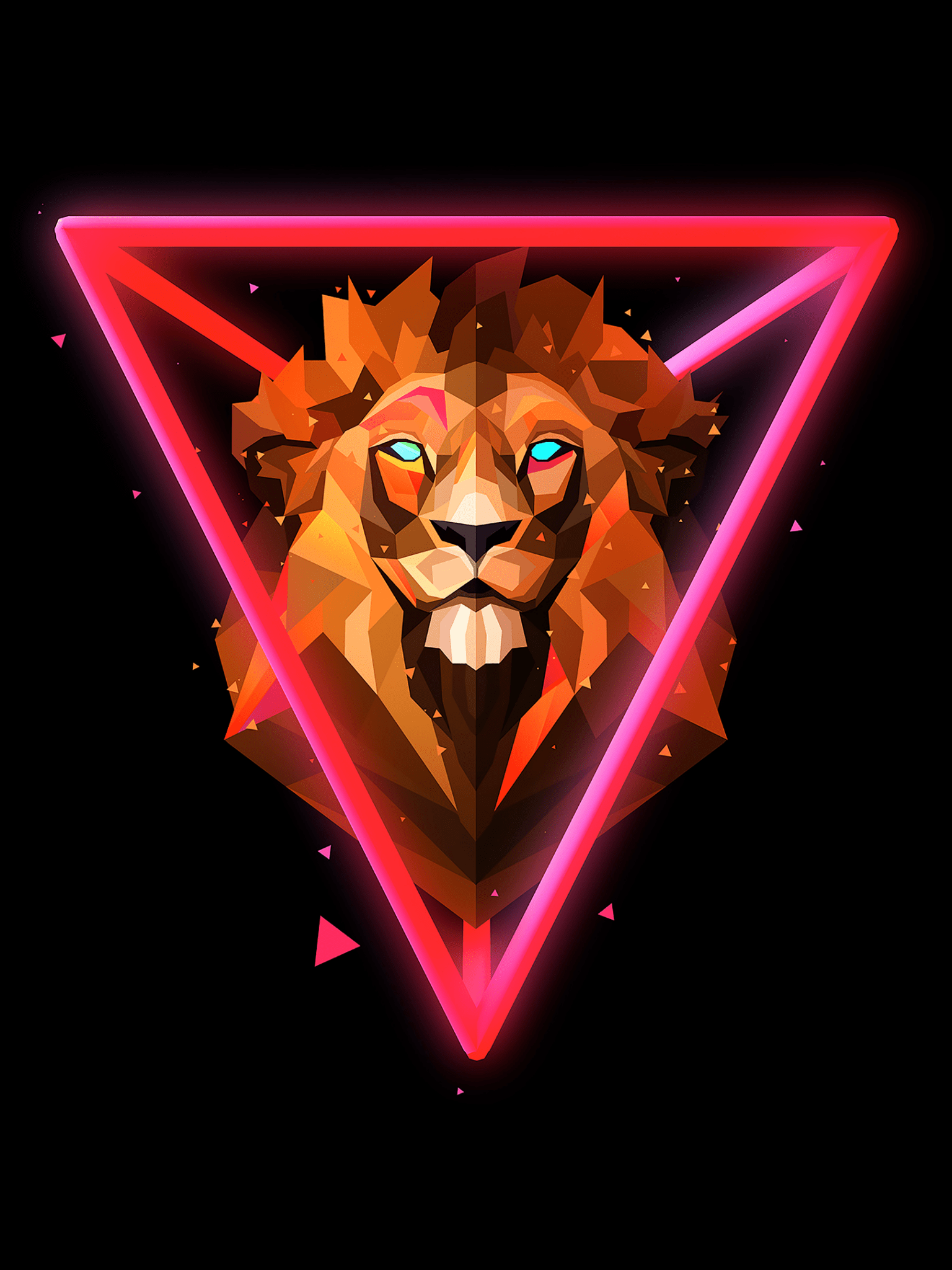 A lion with neon triangles around it - Low poly