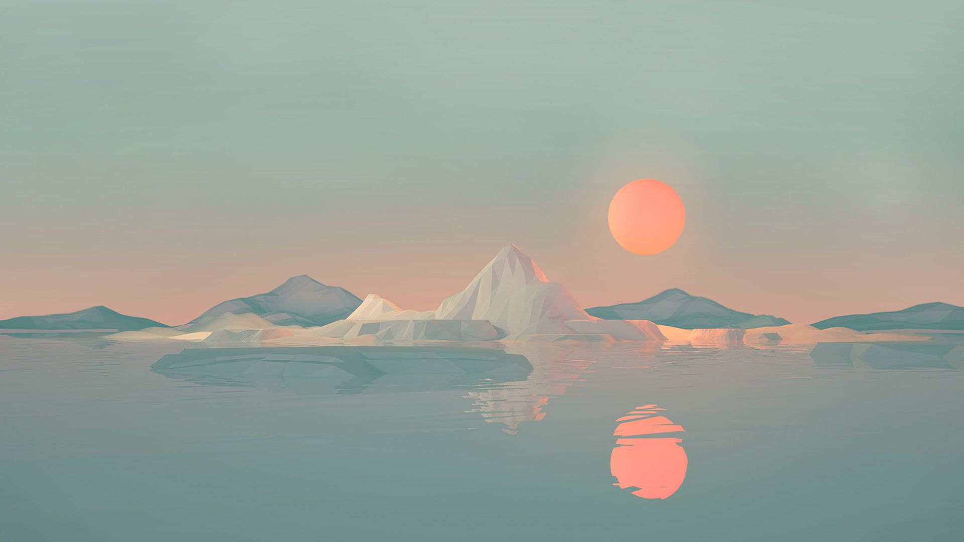 A sunset over an iceberg in the ocean - Low poly