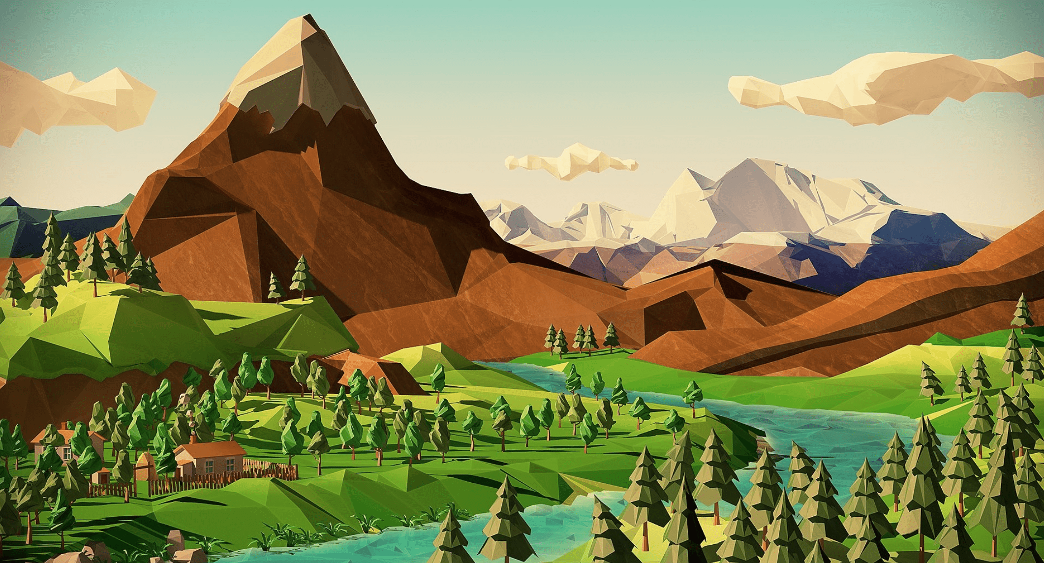 A low poly illustration of a mountain range with a forest in the foreground - Low poly