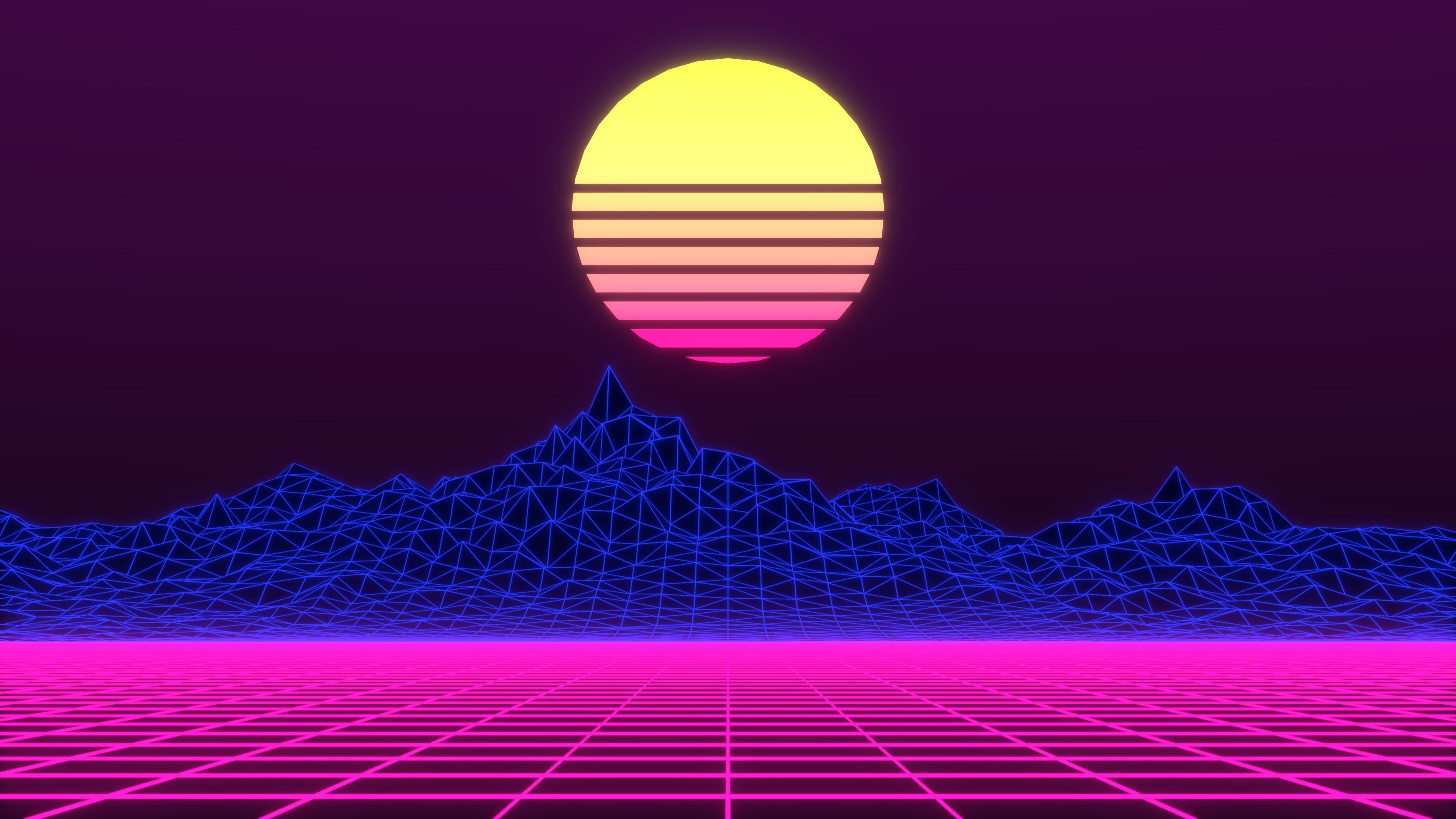 A neon landscape with a sun in the background - Low poly