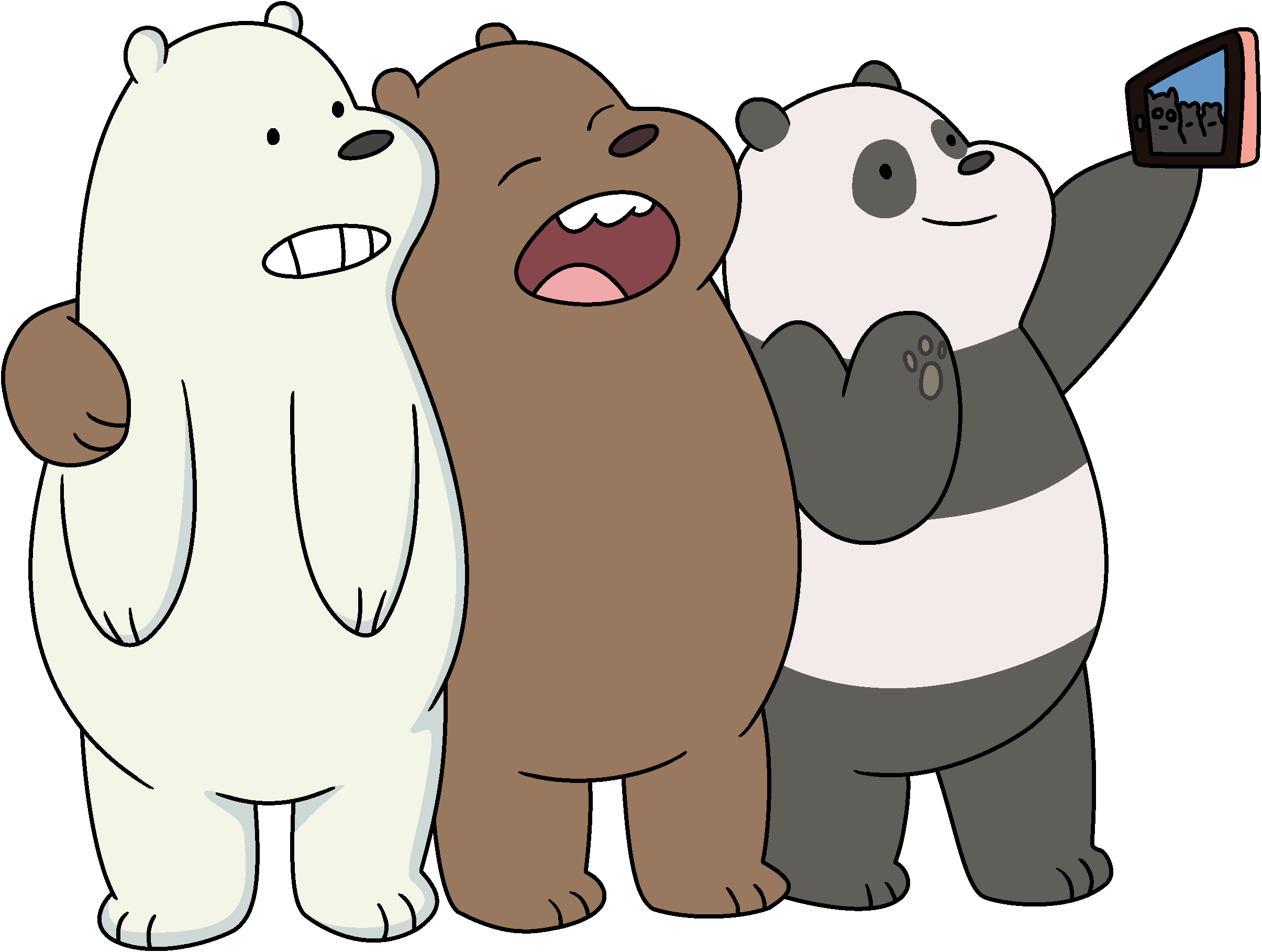 Three bears standing together taking a picture - We Bare Bears