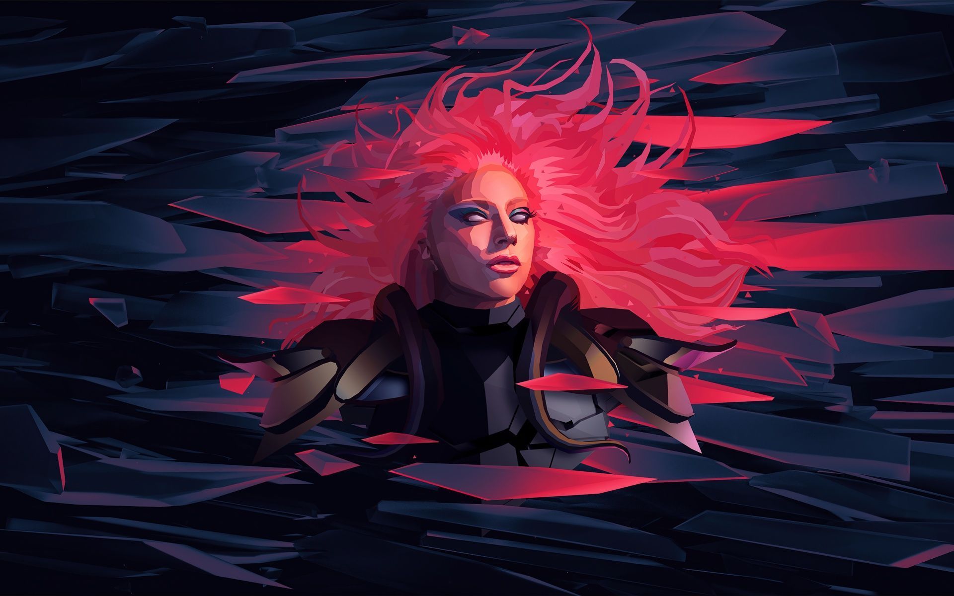 A woman with pink hair is in the middle of broken glass - Low poly