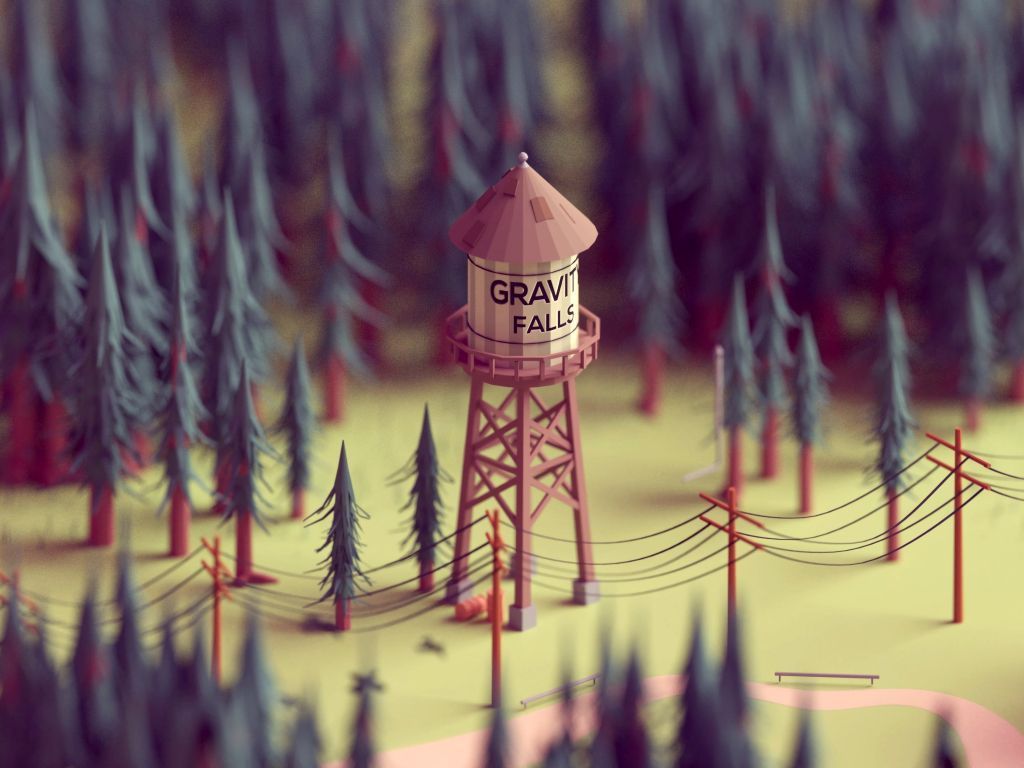 A tower in the middle of a forest, with the words Gravity Falls on it. - Low poly