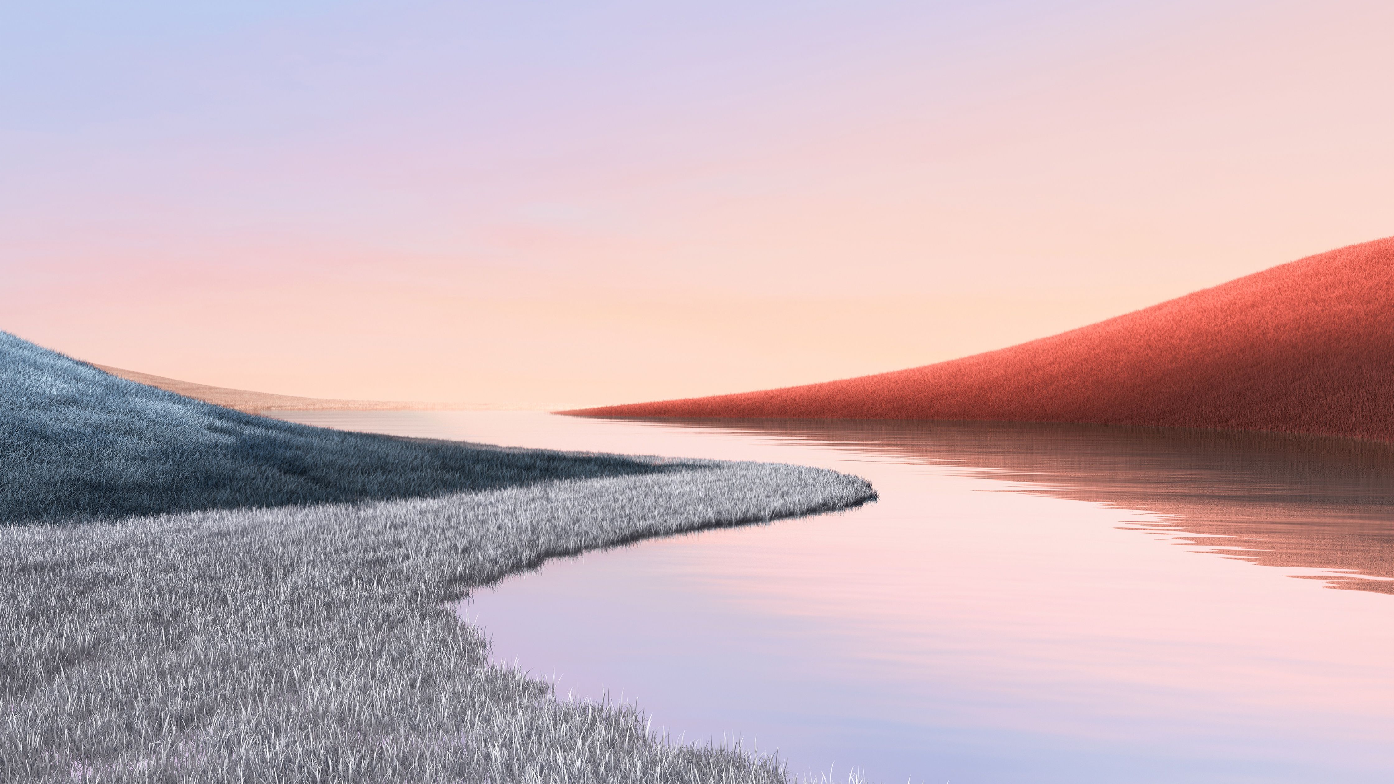 A digital painting of a lake with grass in the foreground and hills in the background. - Lake