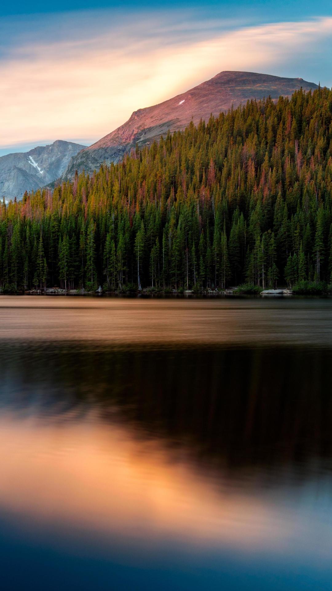IPhone wallpaper of a forest and mountain lake at sunset - Lake