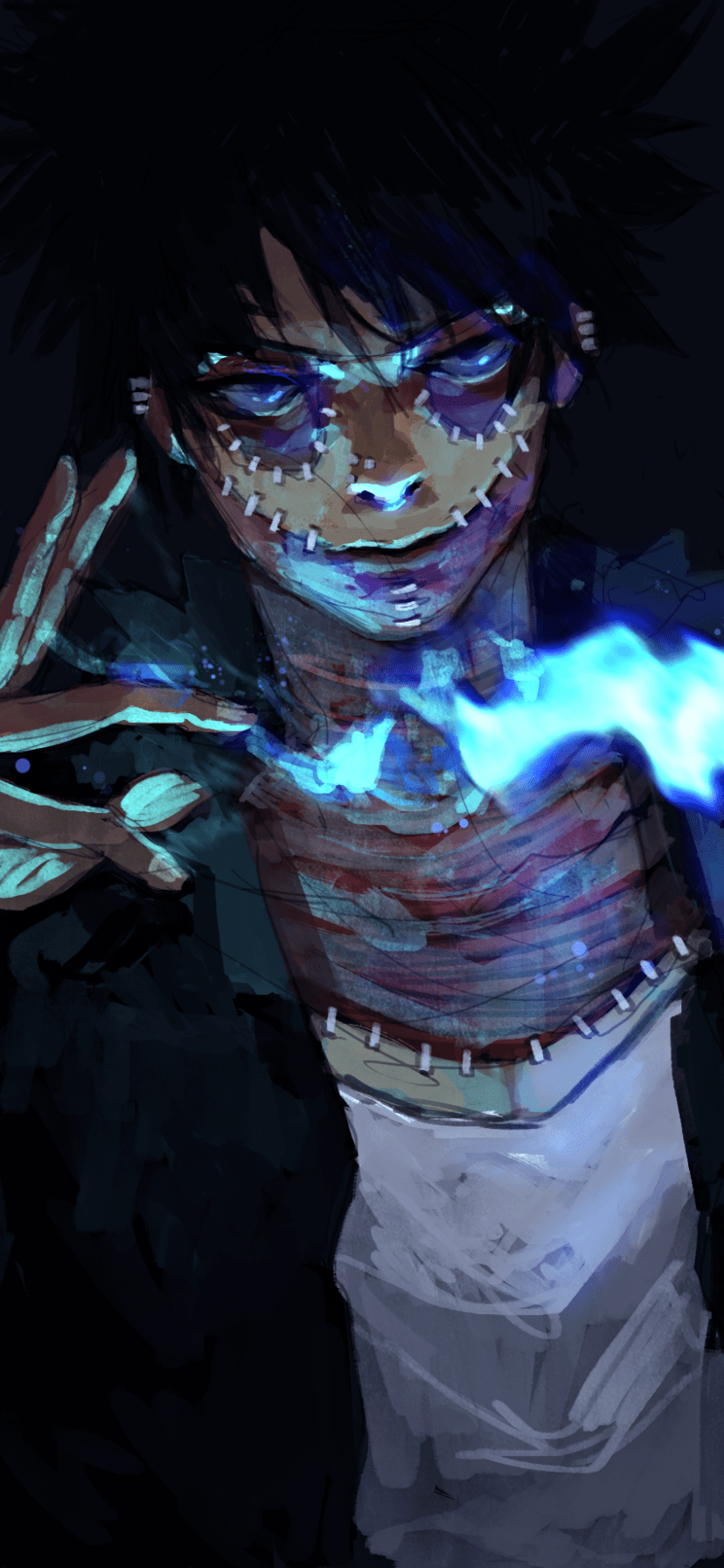 A character from the anime series Jujutsu Kaisen with glowing blue flames - My Hero Academia