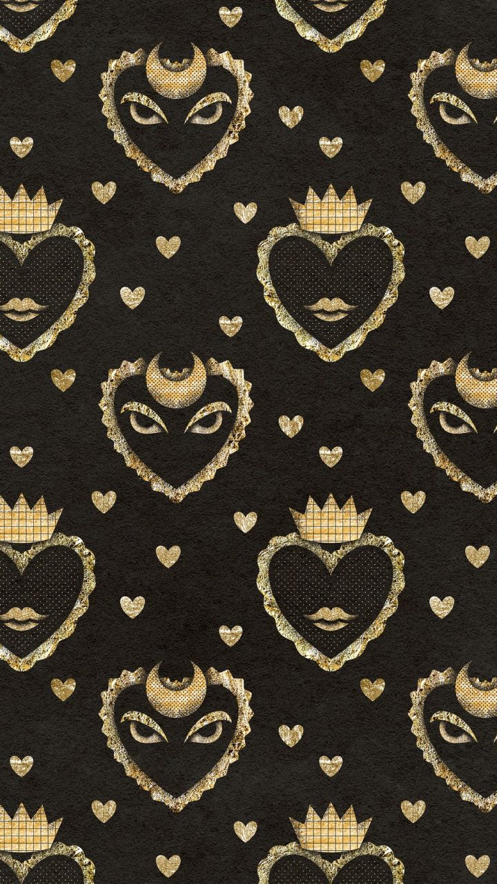 Black and gold wallpaper with a pattern of lips and hearts - Pattern