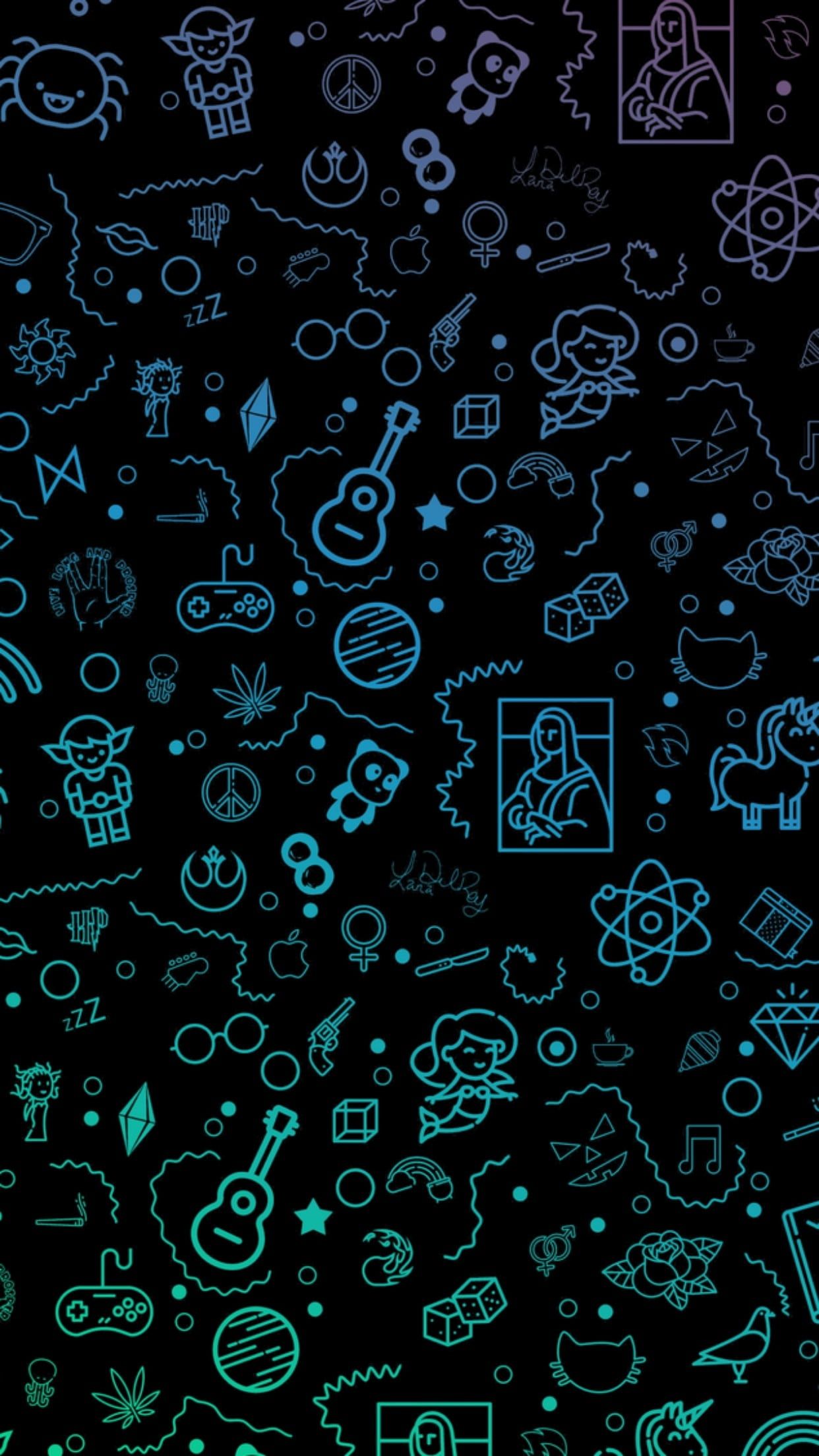A black background with various colored icons - Pattern