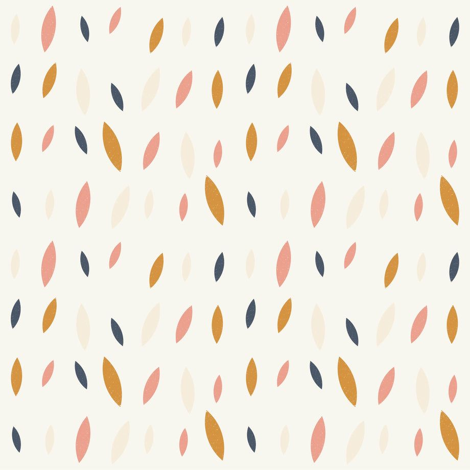 A pattern of orange, blue and beige leaves on a white background - Pattern
