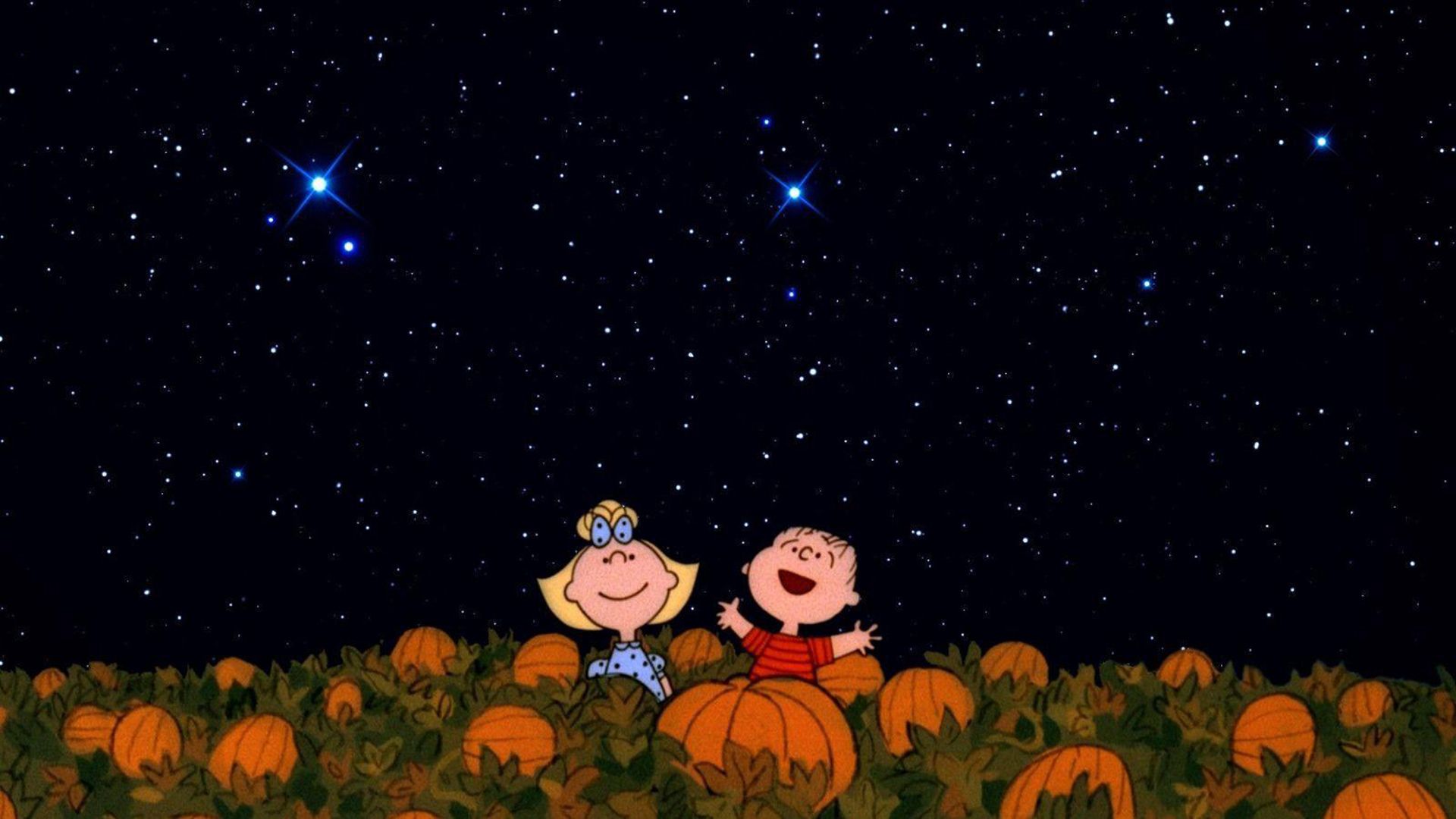 Charlie Brown and Sally Brown sit on a pumpkin patch - Cute Halloween