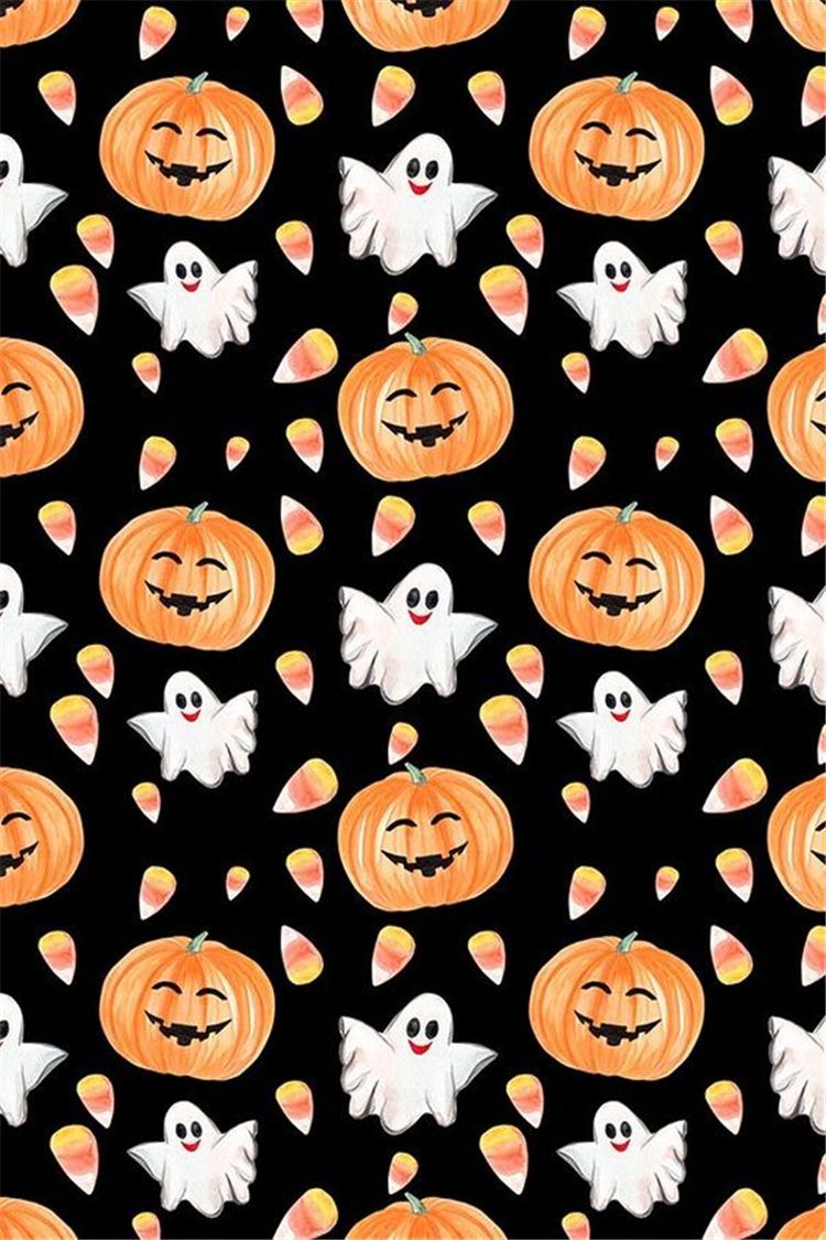 A black background with candy corn, ghosts, and pumpkins - Cute Halloween