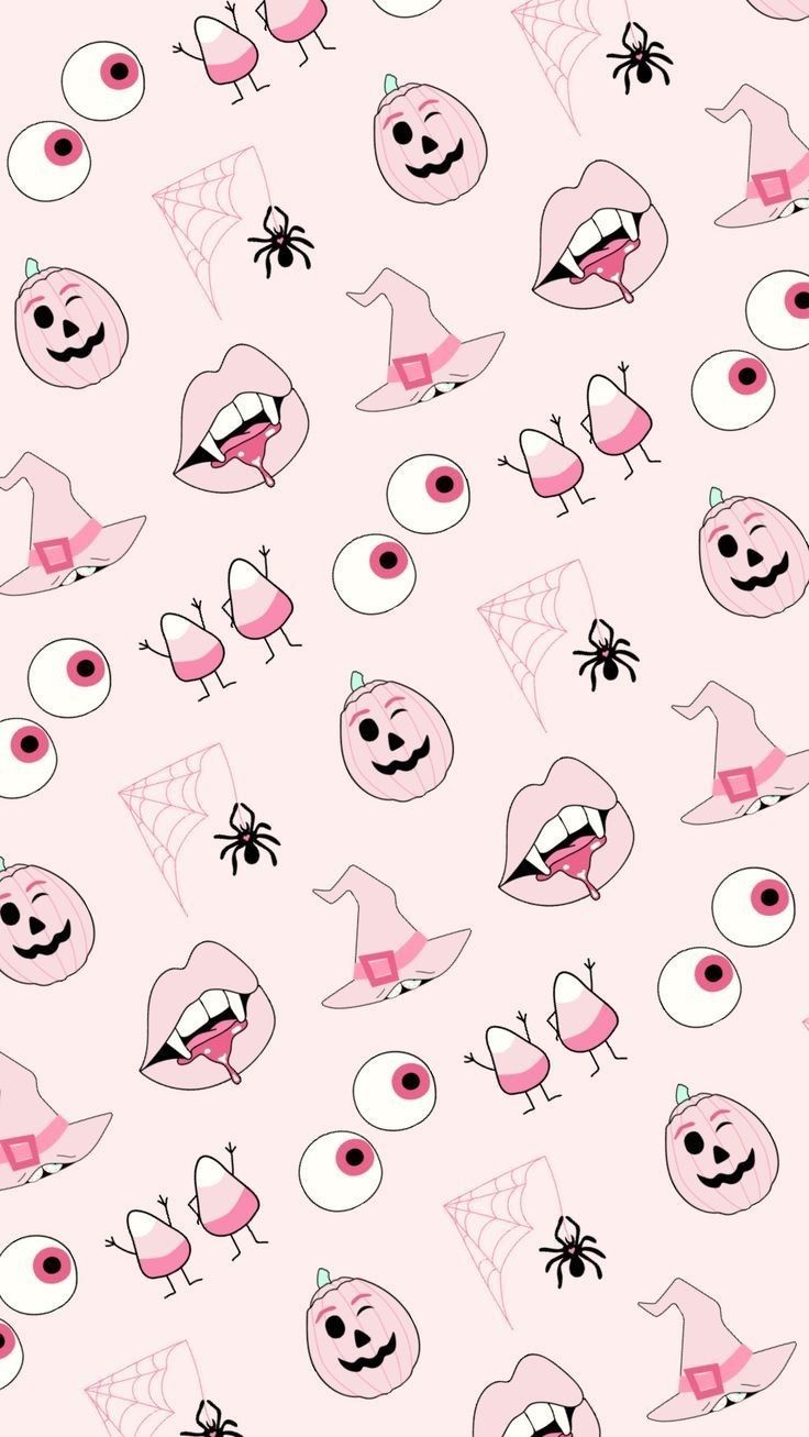 A pink and white pattern with various halloween symbols - Cute Halloween
