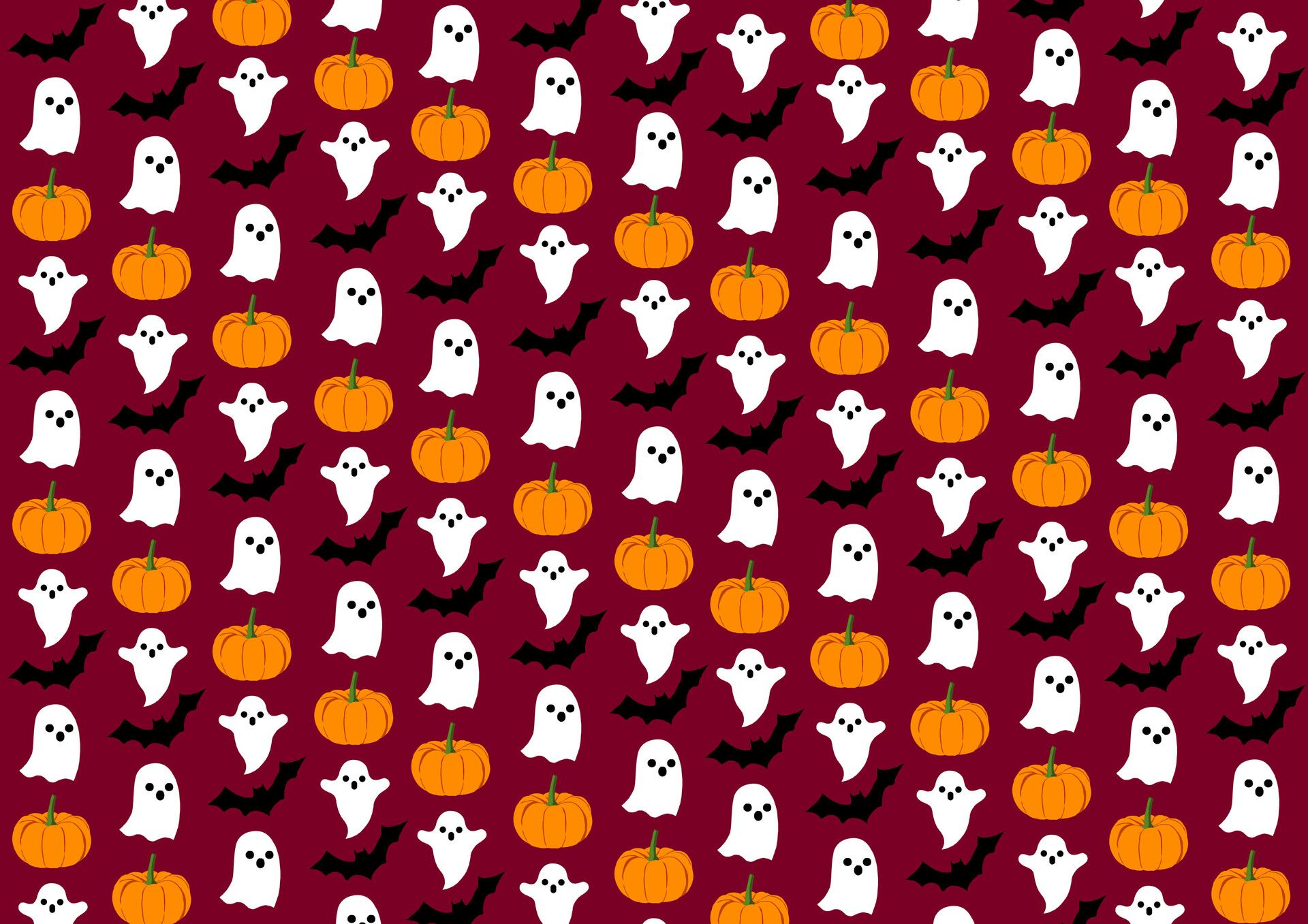 A pattern of ghosts, bats, and pumpkins on a red background. - Cute Halloween