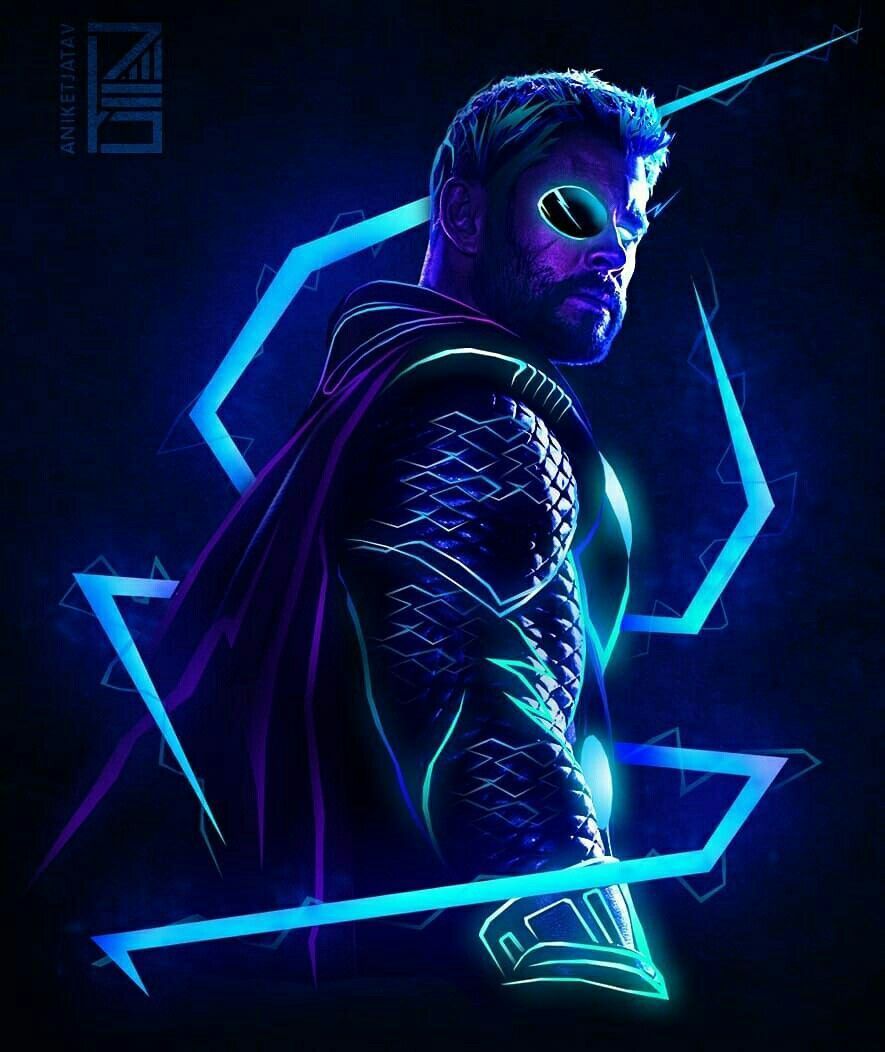 A man with glowing blue eyes and lightning in the background - Thor