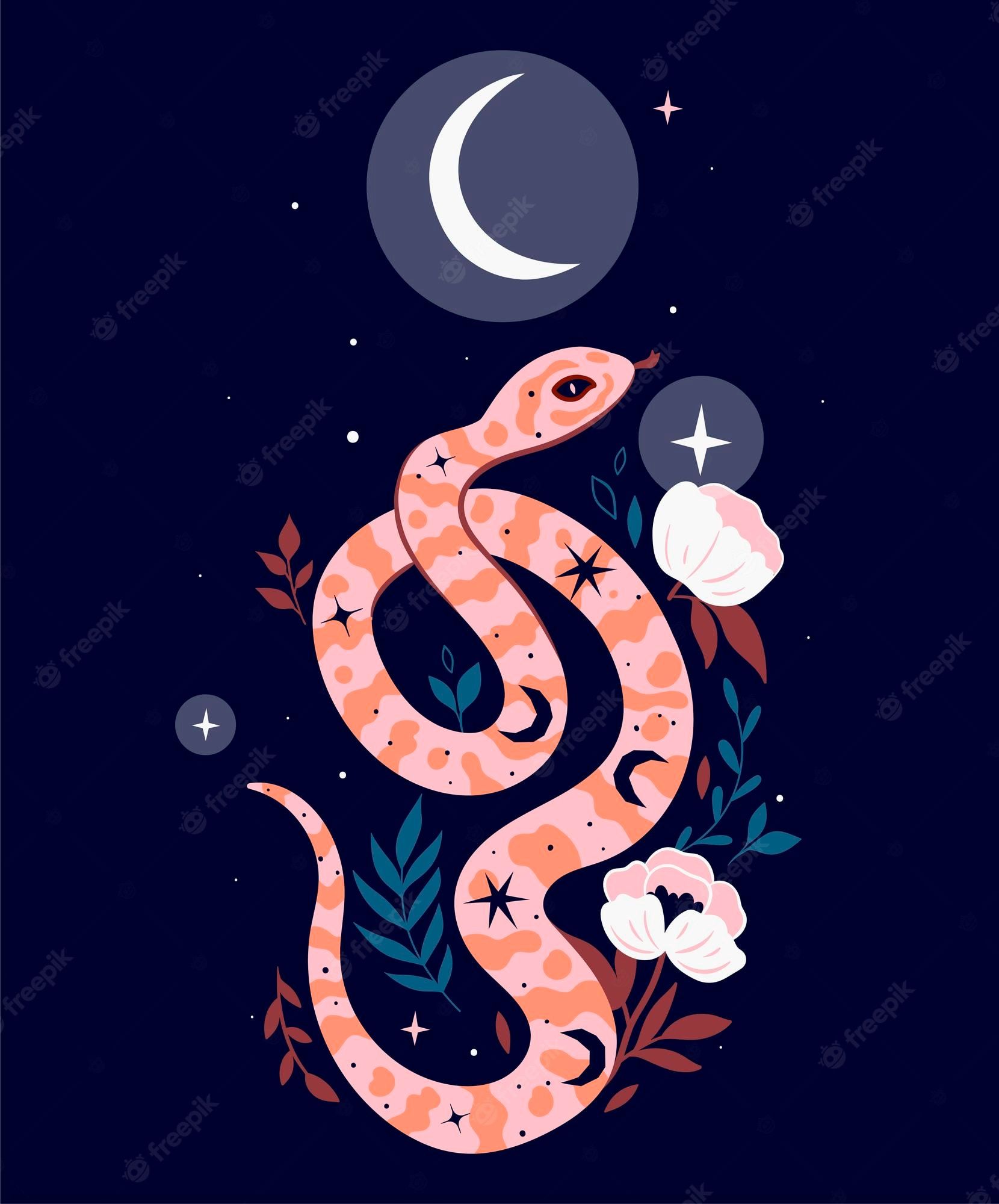 A pink snake with orange spots on its back is depicted on a dark blue background. - Snake