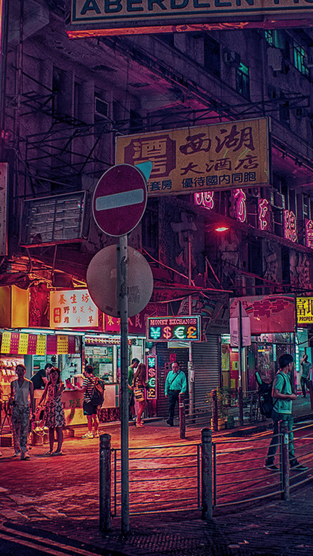 A street with neon lights and people walking - Japanese