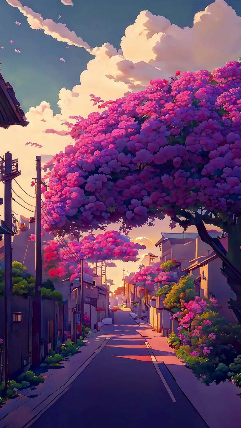 Anime spring street iPhone 8 wallpaper - Japanese, Japan, anime landscape