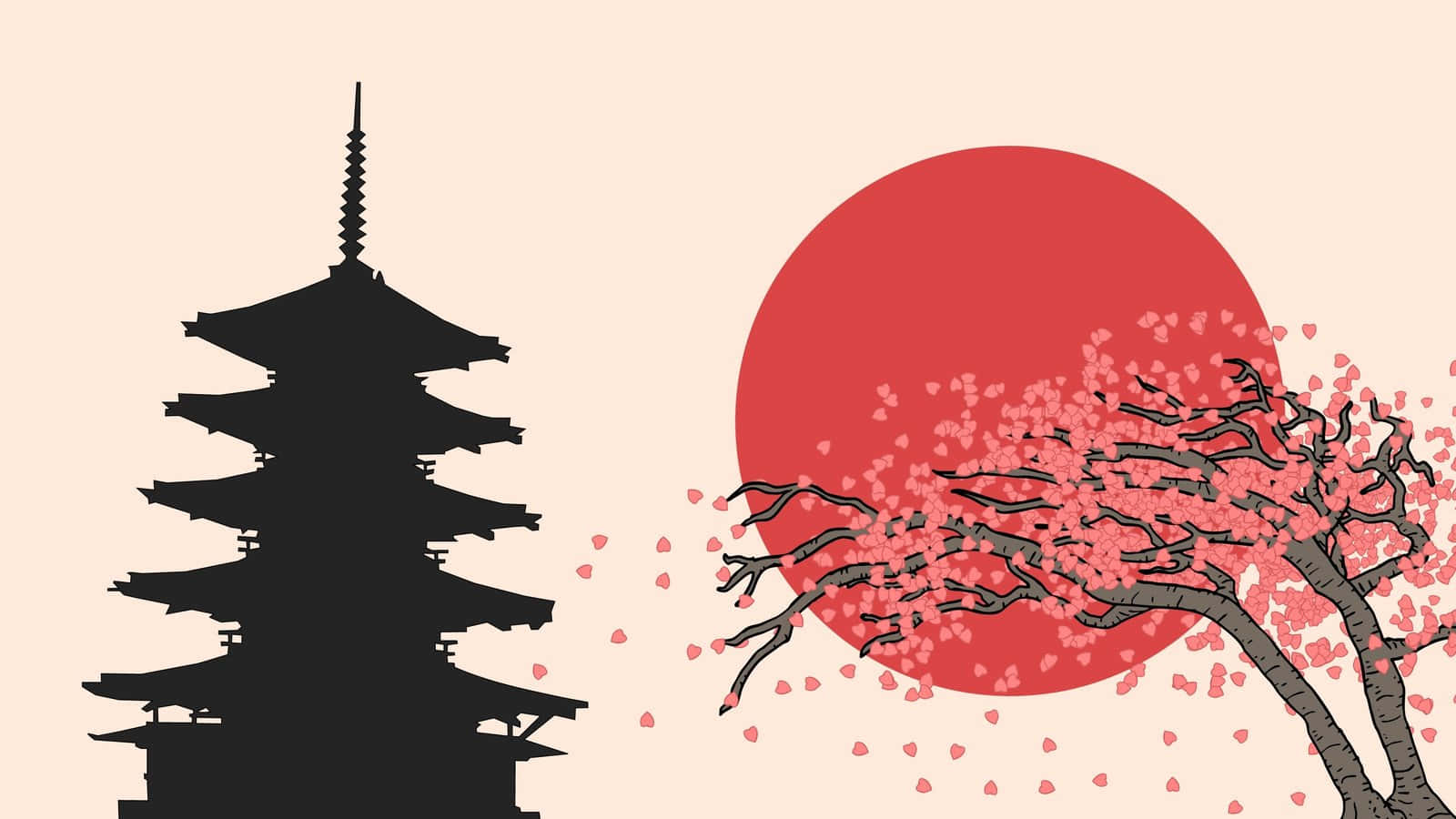 A graphic of a pagoda and cherry blossom - Japanese