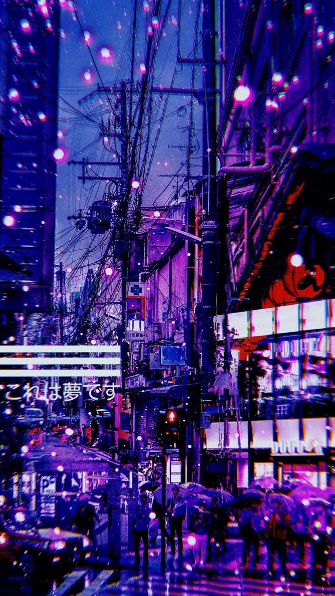 A purple city street with people walking around - Japanese, Cyberpunk