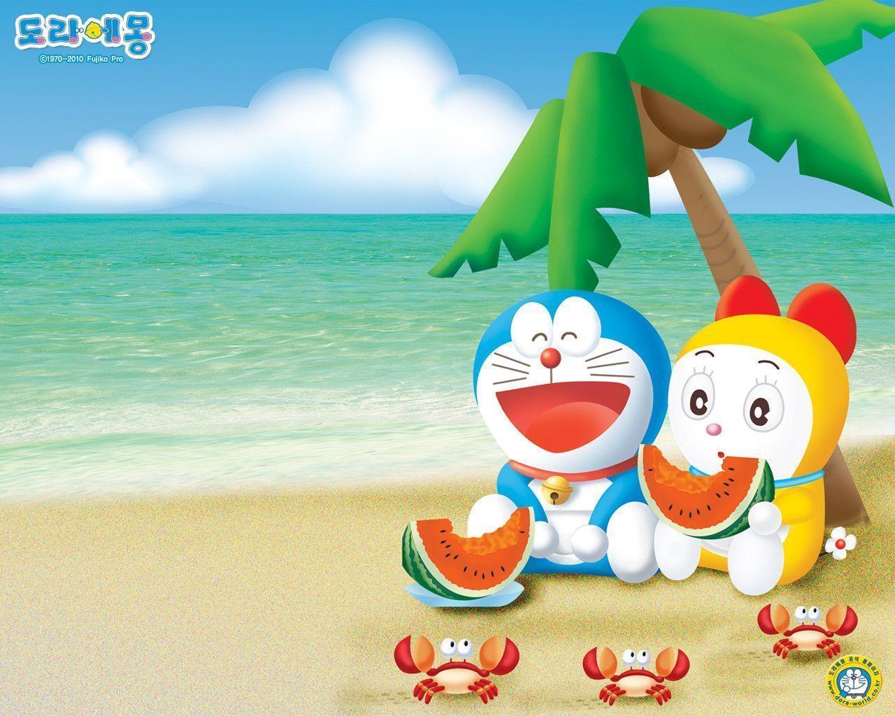 A cartoon character is sitting on the beach - Doraemon