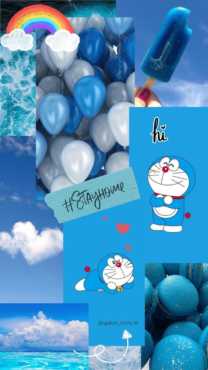 A collage of pictures with blue and white backgrounds - Doraemon