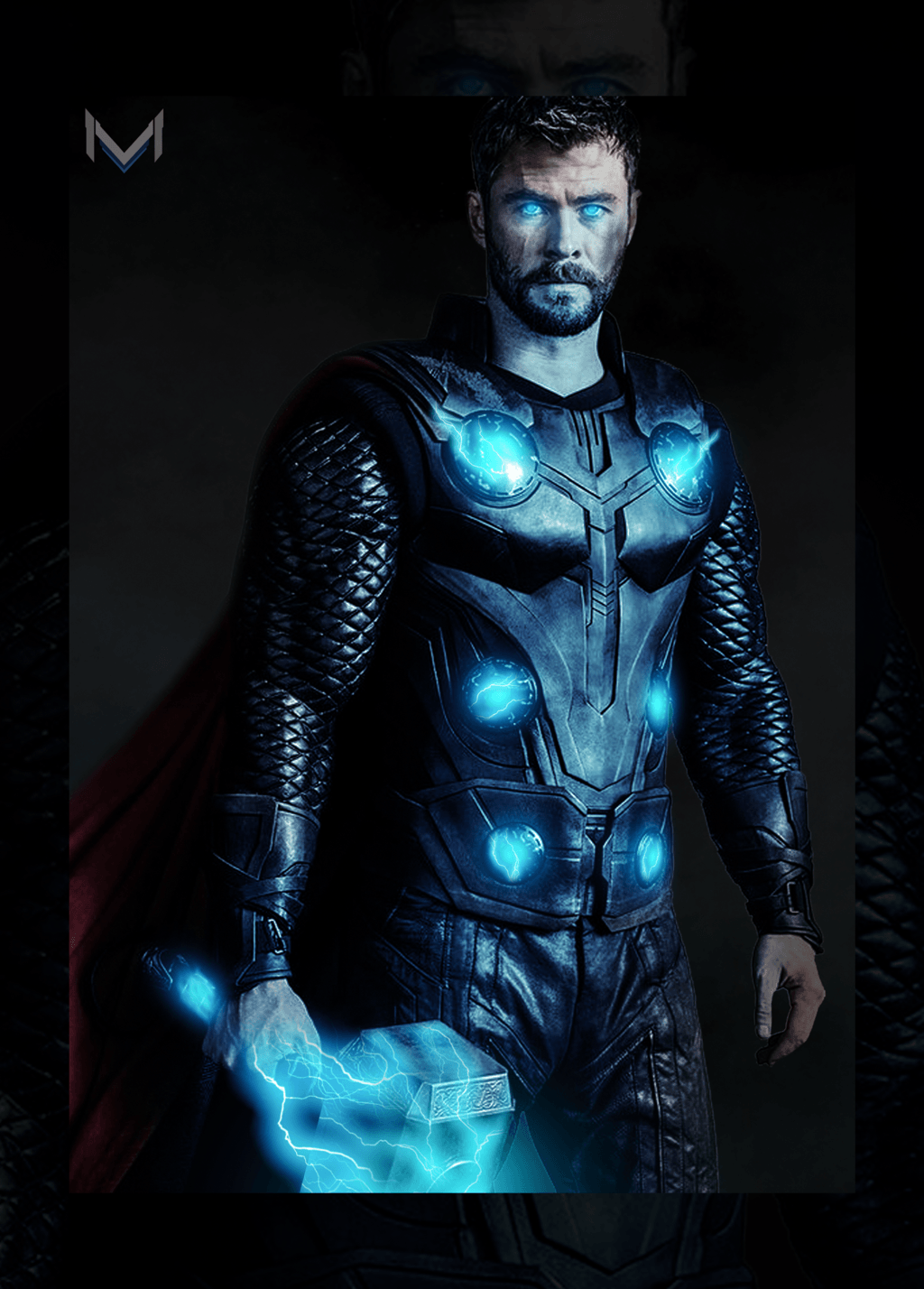 Thor, the mighty Avenger, stands in the dark with his cape flowing behind him. - Thor