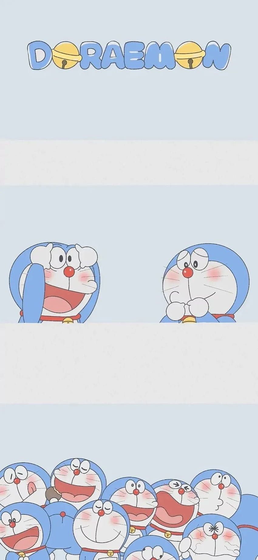 The picture is a cartoon artwork featuring a group of small blue and white cartoon characters - Doraemon