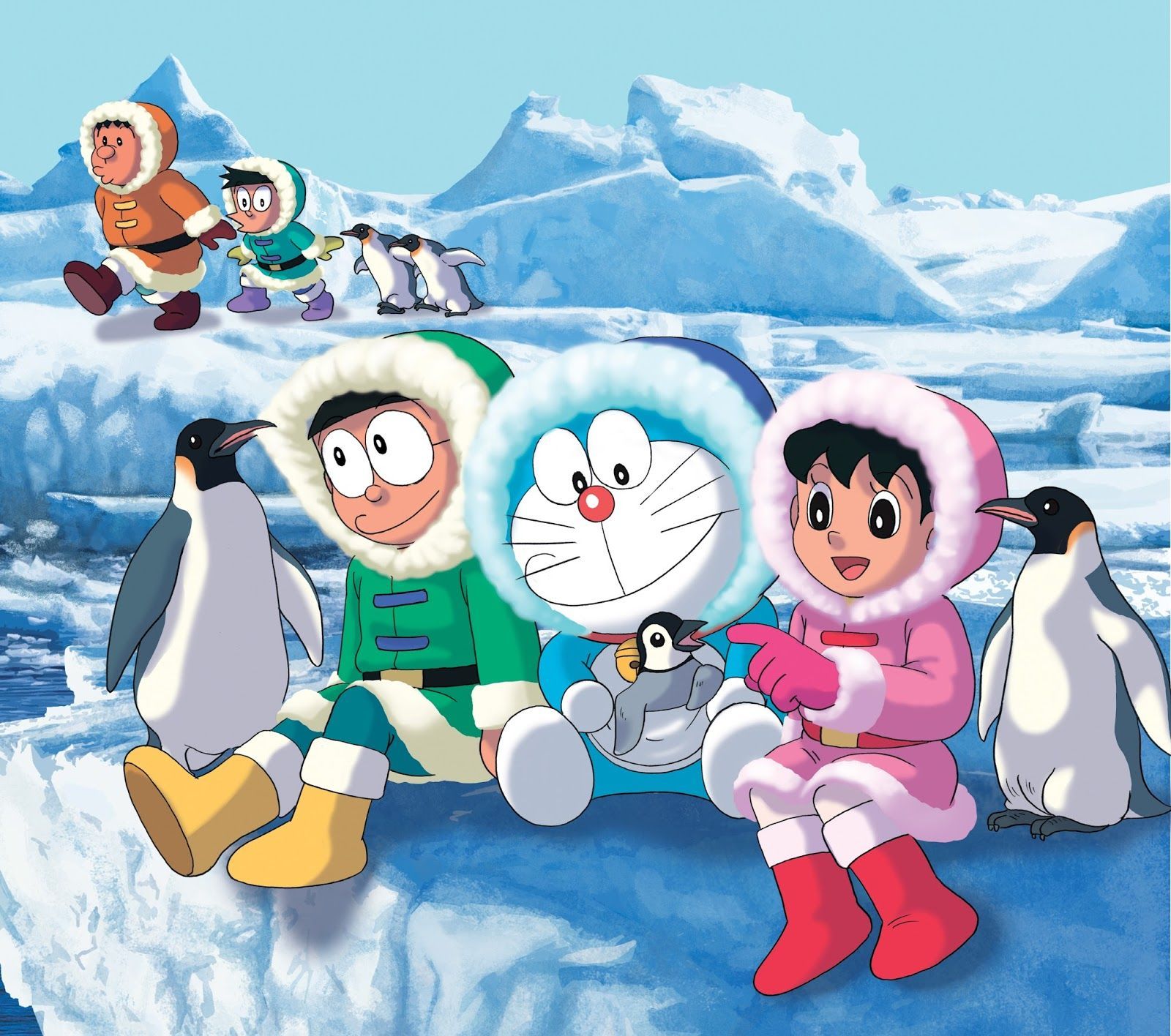 A group of cartoon characters are sitting on an iceberg - Doraemon