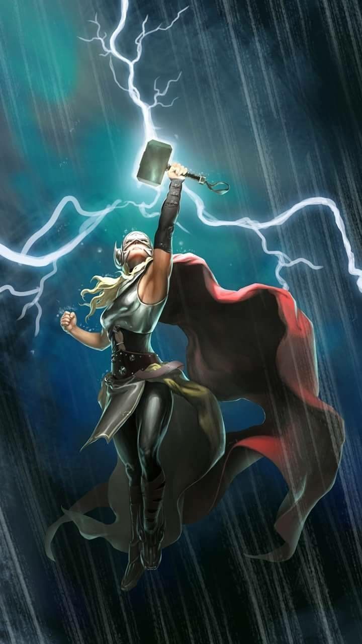 A woman with long hair and an axe in the air, flying through rain - Thor
