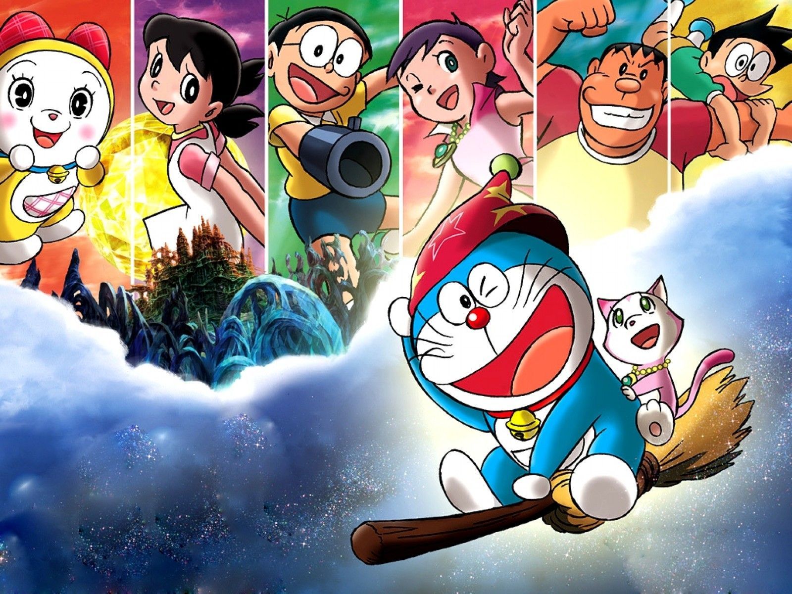 A poster of anime characters flying in the sky - Doraemon