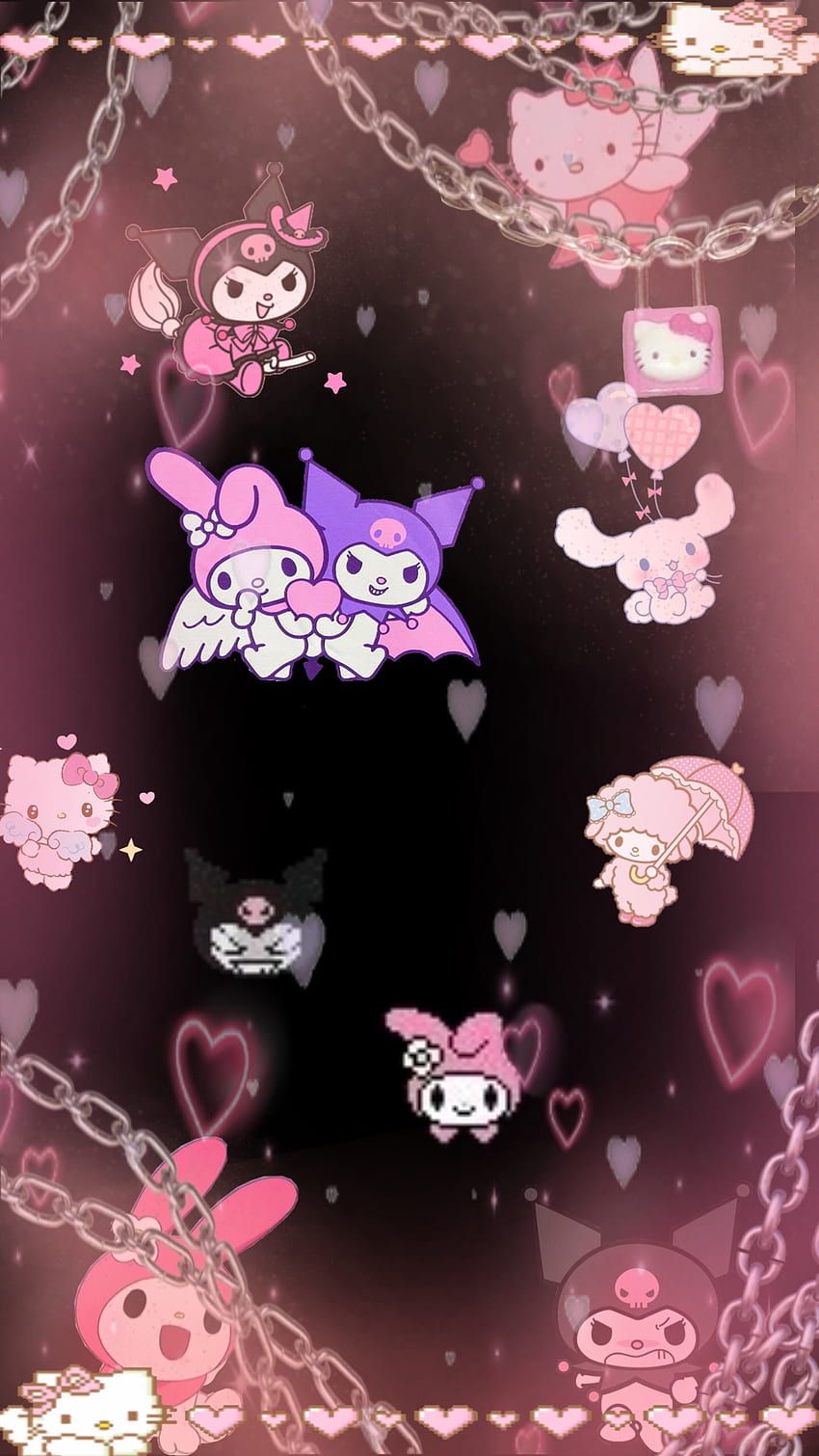 A photograph captures a collection of cute, cartoon figures, including two bunnies, several hearts, and other characters on a dark background. The 4-layer collage features a series of different hearts, with some of them chained to a chain or chain link fence. The cartoon characters are dispersed throughout the collage, creating a fun and colorful atmosphere. In addition, there are  - Traumacore