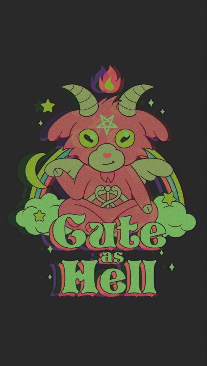 Cute as hell, written in green, below a cartoon image of a goat, with horns, pink and green colors, black background - Traumacore