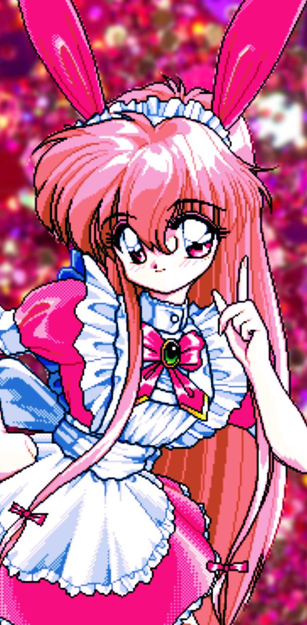 A pixelated anime girl with pink hair and ears, dressed in a pink and white frilly maid outfit. - Animecore
