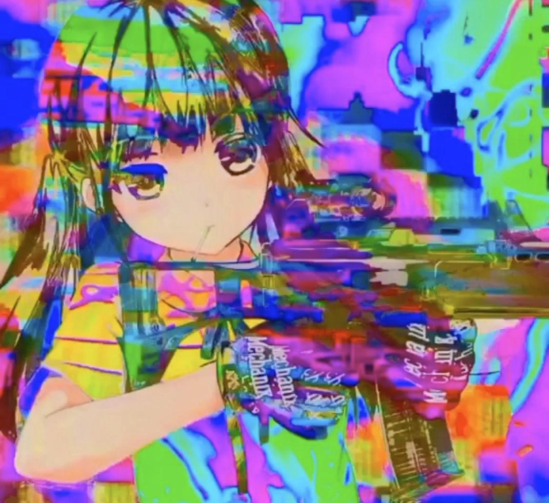 Anime girl with a gun in colorful background - Animecore