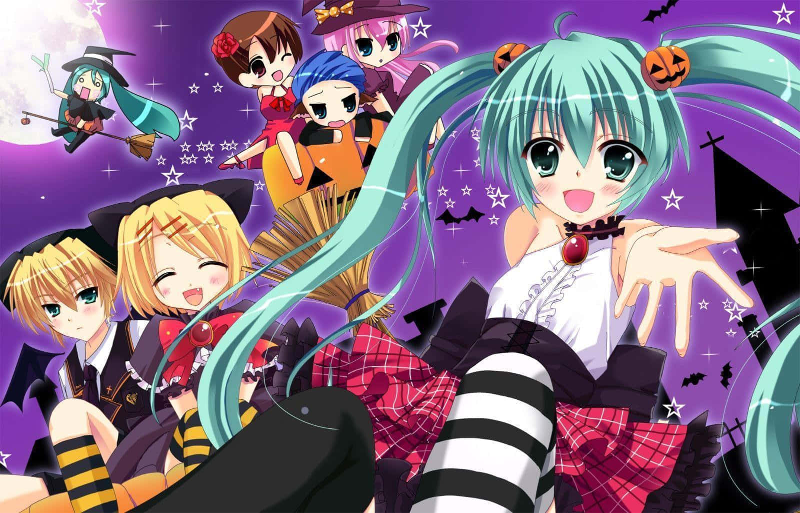 Halloween wallpaper with cute anime girls and hatsune miku in a witch costume - Animecore