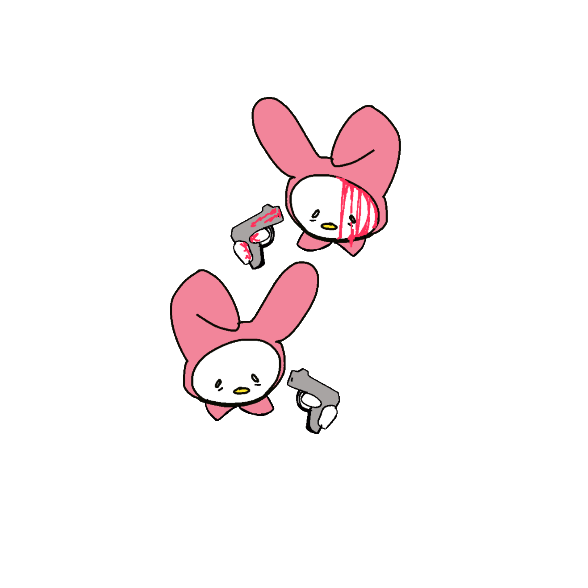 Two cute pink bunnies with guns on a green background - Traumacore