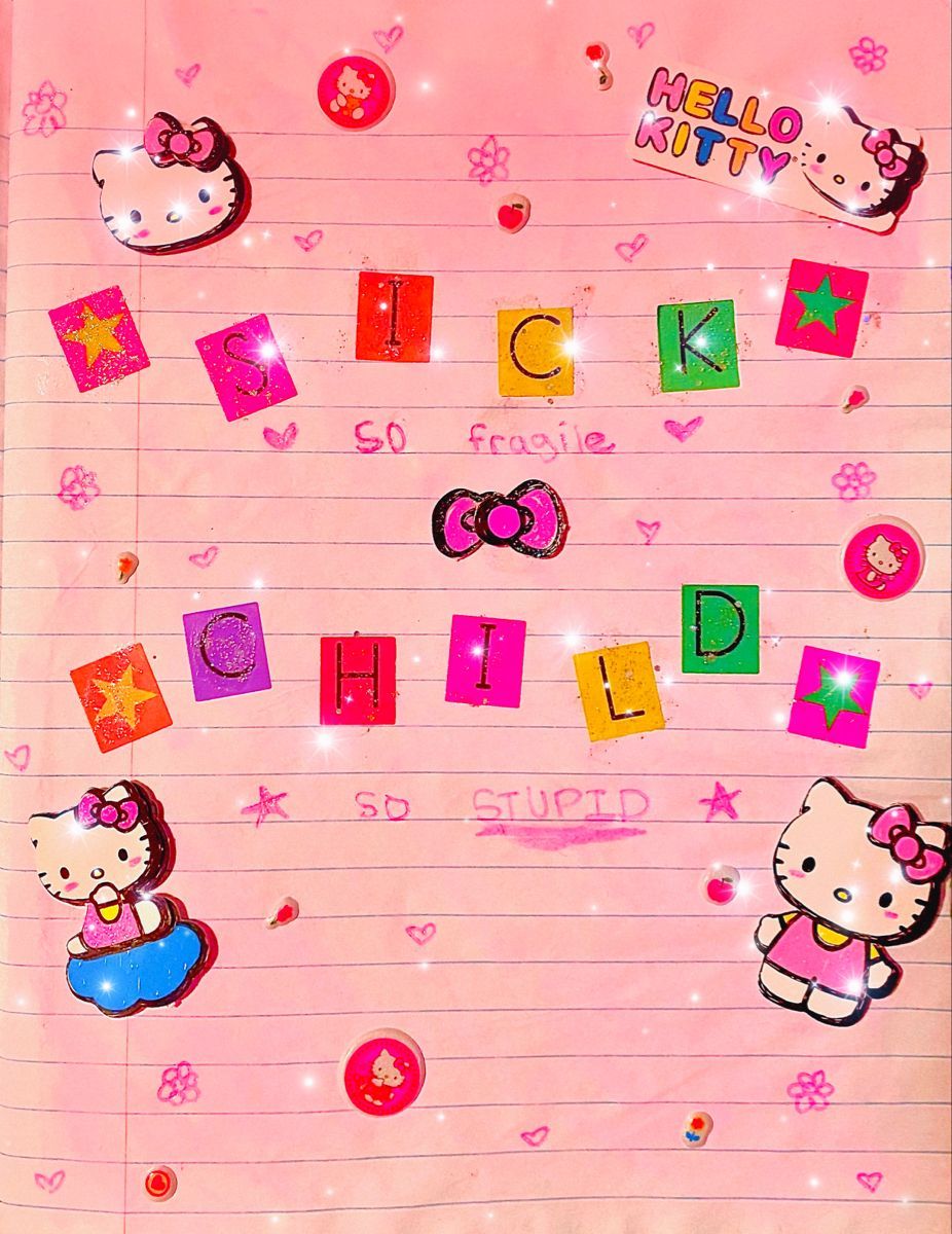 Pink lined paper with Hello Kitty stickers and the words 