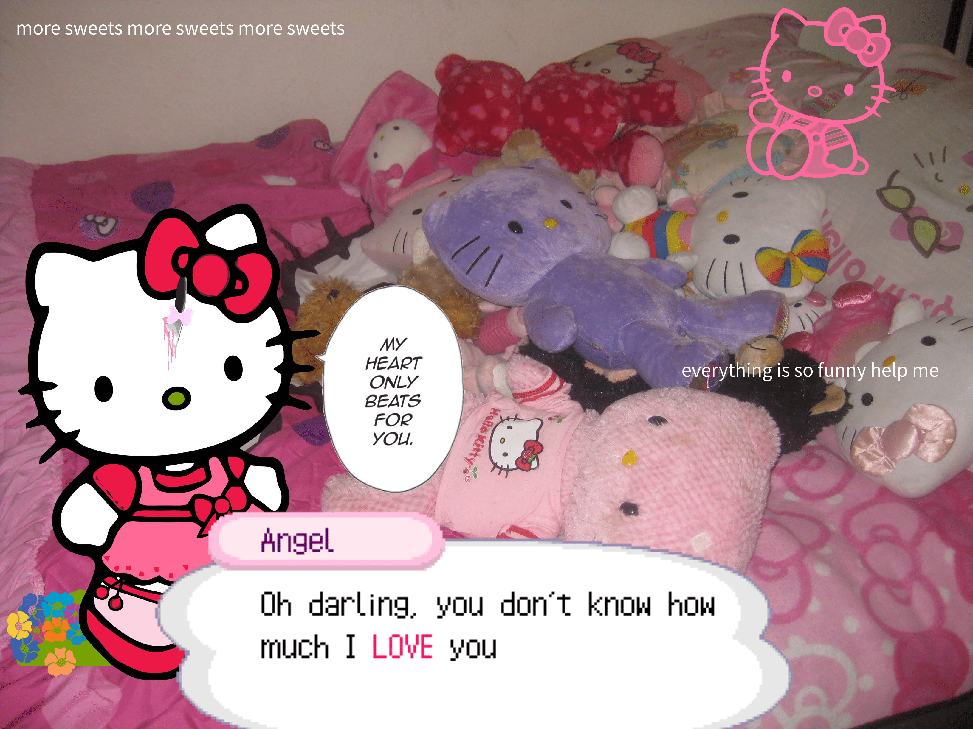 A Hello Kitty doll is sitting on a bed with a note that says 