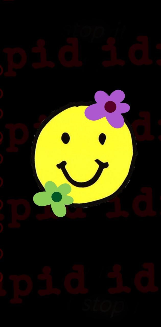 Smiley face with flowers on black background - Traumacore, weirdcore