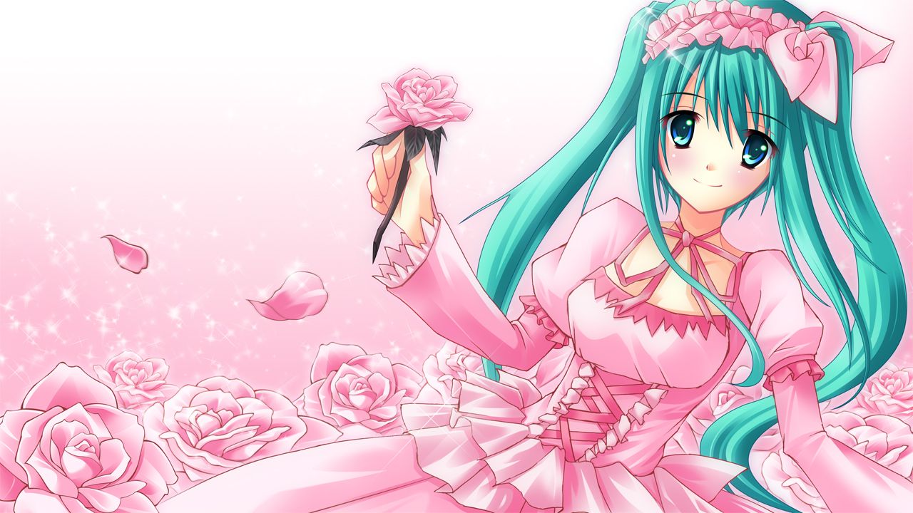A girl with blue hair and pink dress holding flowers - Animecore