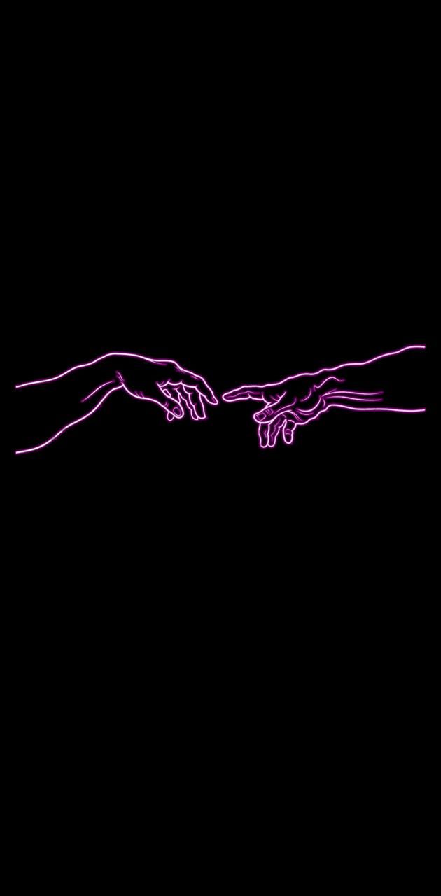 Two hands in purple neon on a black background - The Creation of Adam